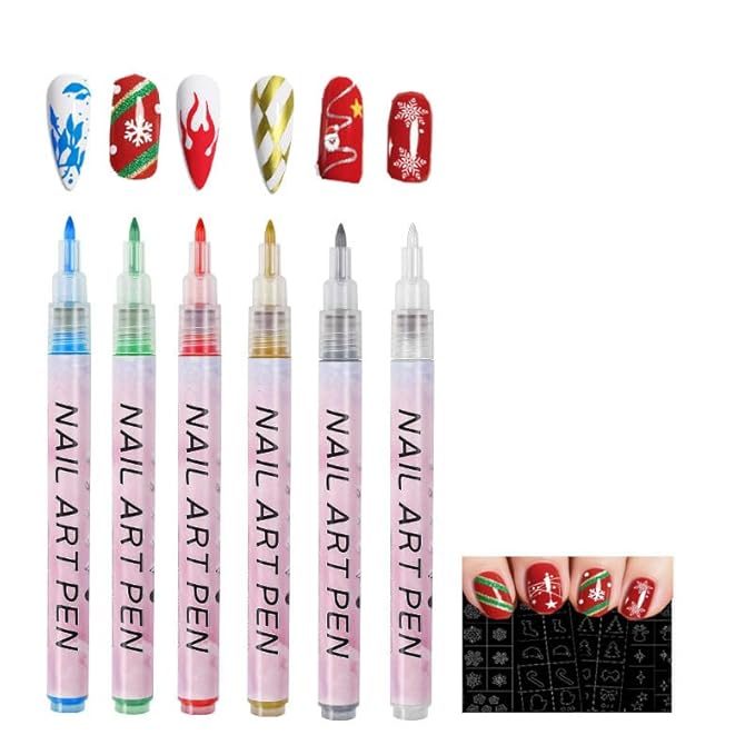 Nail Art Pens, 6 Colors Nail Art Markers Polish Pen with 3 Pcs Painting Stencils Set for 3D Nail Art, DIY Nail Art Beauty Gift for Christmas Stocking Stuffers Birthday Party