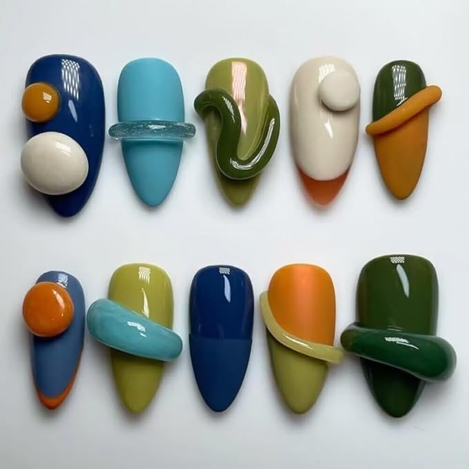 Press On Nails Handmade French Nails for Women, Reusable Medium Almond False Nails, 10PCS ABS Artificial Fingernails with Tip Designs for Salon & Home Use （Size L）