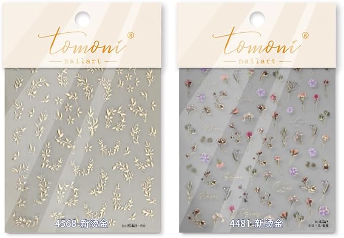 2Sheets Valentine's Day Floral Nail Art Stickers, Metallic Golden Leaves Dried Flowers Design Nail Decals