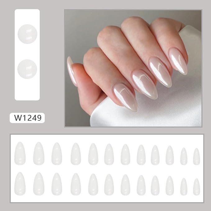 Press on Nails Almond - Medium Fake Nails with Aurora Design - White Full Cover Stick on False Nails - for Women 24 Pcs