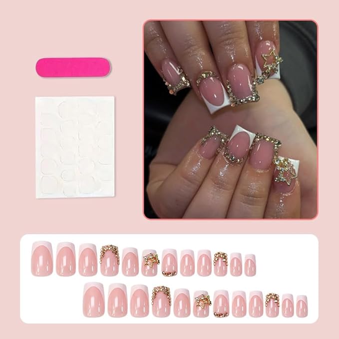 French Tip Press on Nails Square Fake Nails Gold Rhinestones False Nails with Gold Stars Charms Design Artificial Full Cover Glue on Nails for Women Manicure 24Pcs
