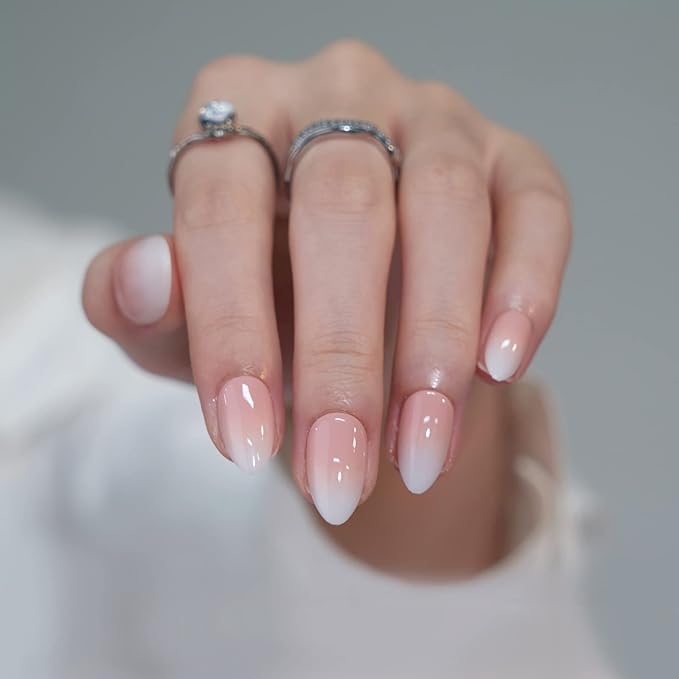 Almond Press On Nails Medium - BTArtbox Soft Gel Ombre Fake Nails with Nail Glue, Semi-Transparent Reusable Glue On Nails in 16 Sizes - 32PCS Stick On Nails Kit, Vanilla Cream Almond