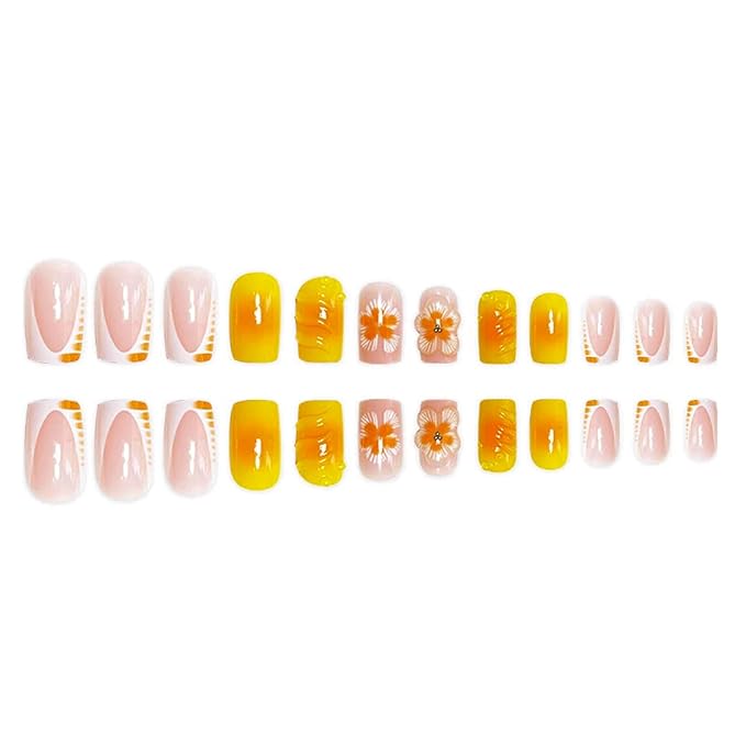 48Pcs Square Press on Nails Short & Press on Toenails Set, Yellow Flowers Fake Nails French Press on Toe Nails Full Cover Stick on Toe Nails Acrylic Nails Kit for Women Manicure