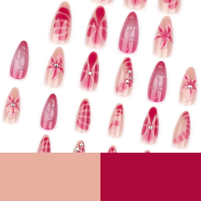 Ombre Pink Press on Nails Medium Almond False Nails with Rhinestone Charm Design 3D Flower Stick on Nails Glossy Summer Fake Nails Reusable Handmade Glue on Nails for Women Girls Manicure 24Pcs