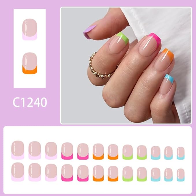French Tip Press on Nails Short Square Fake Nails Colorful Nail Tips Glossy Cute Acrylic False Nails Reusable Artificial Nail Full Cover Stick on Nails for Women Manicure 24 Pcs
