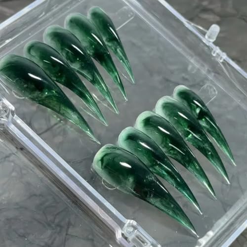Stiletto Press on Nails with Glue Glossy Extra Long False Nails with Green Rendering Hand-Painted Designs Handmade Eagle Dragon Cat Claw Unique Reusable Fake Nails