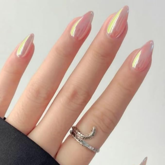 Almond Press on Nails Medium Chrome Fake Nails Metal Mirror False Nails Glossy Shiny Acrylic Nail Press ons Full Cover Holographic Glue on Nails for Women Girls Manicure 24 Pcs