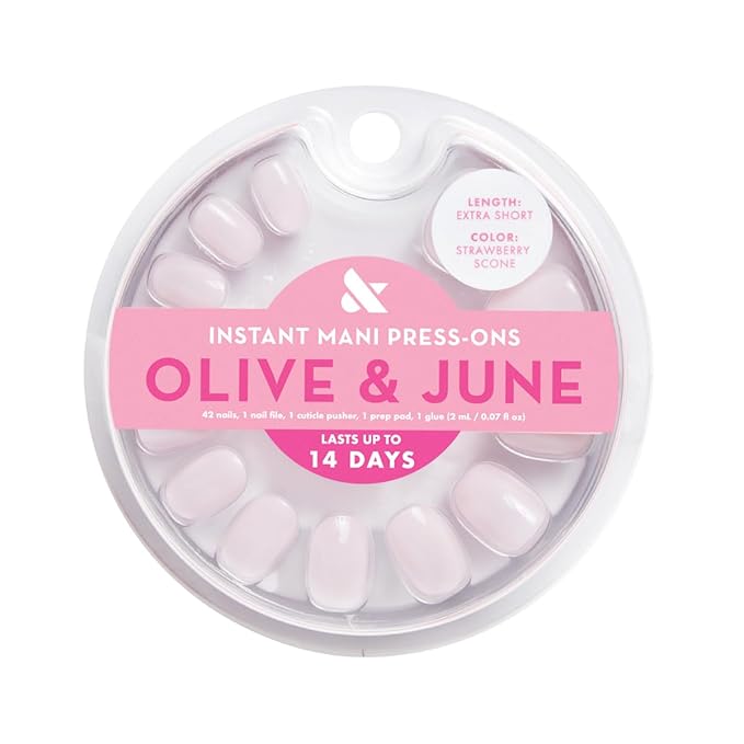 Olive & June Instant Mani Press-On Nails (Glue) | 42 Fake Nails, 21 Sizes | Non-Toxic, Long-Lasting Recycled Materials Realistic Look | Spring Flowers & Patterns | Extra Short, Round |Strawberry Scone