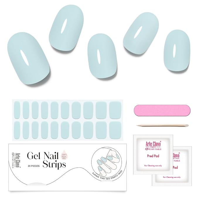 Arte Clavo Semi Cured Gel Nail Strips, 20 Pcs Gel Nail Stickers with UV Light Required, Salon Quality, Long Lasting, Easy Apply and Remove (Light Turquoise)