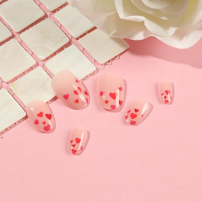 Press on Nails Almond - Medium Fake Nails with Red Heart Desgin - Glossy, Full Cover Stick on False Nails for Women - 24 Pcs