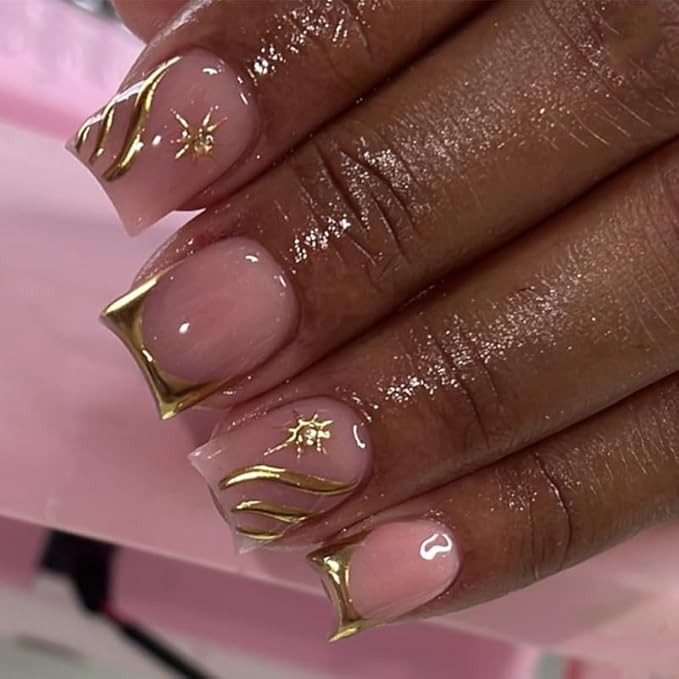 Press on Nails Square Fake Nails French Tip False Nails with Gold Line Star Design Glue on Nails Press ons Short Acrylic Nail Glossy Full Cover Stick on Nail for Women Manicure 24Pcs