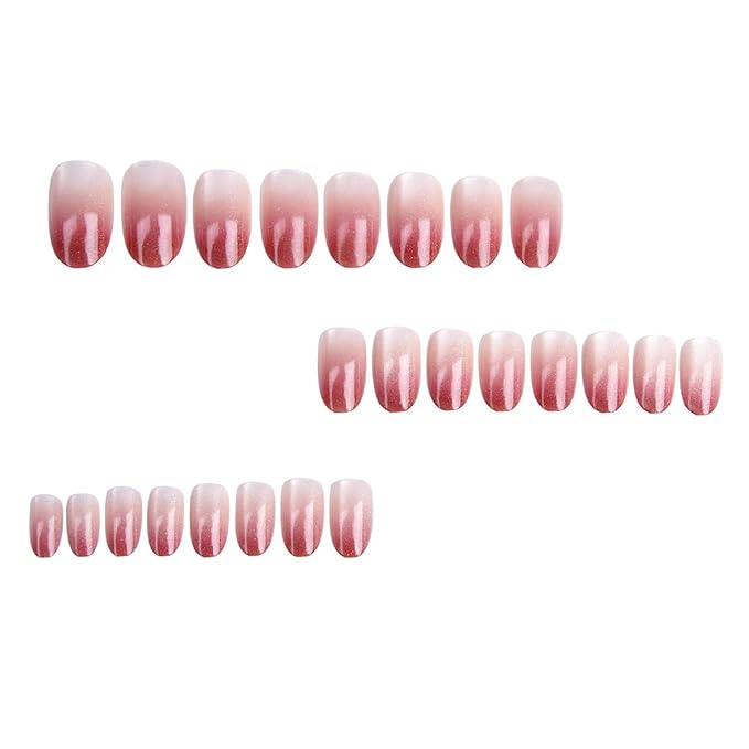 Ombre Press on Nails - Short Oval Red Ombre Fake Nails Press ons with Cat Eye Designs, Glossy Acrylic Nails Full Cover Reusable Glue on Nails for Women Manicure 24Pcs