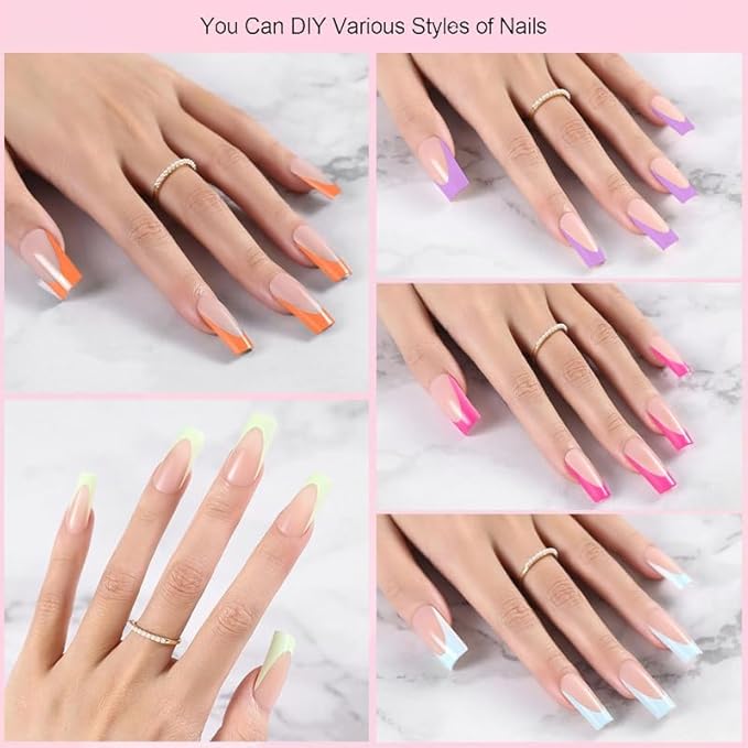 300Pcs Long French Tip Press on Nails, Square Soft Gel Nail Tips in 15Sizes, 3 in 1 Pre-lasting Acrylic Fake Nails, No Need to File False Nail Tips Extension for Women Nails Art DIY