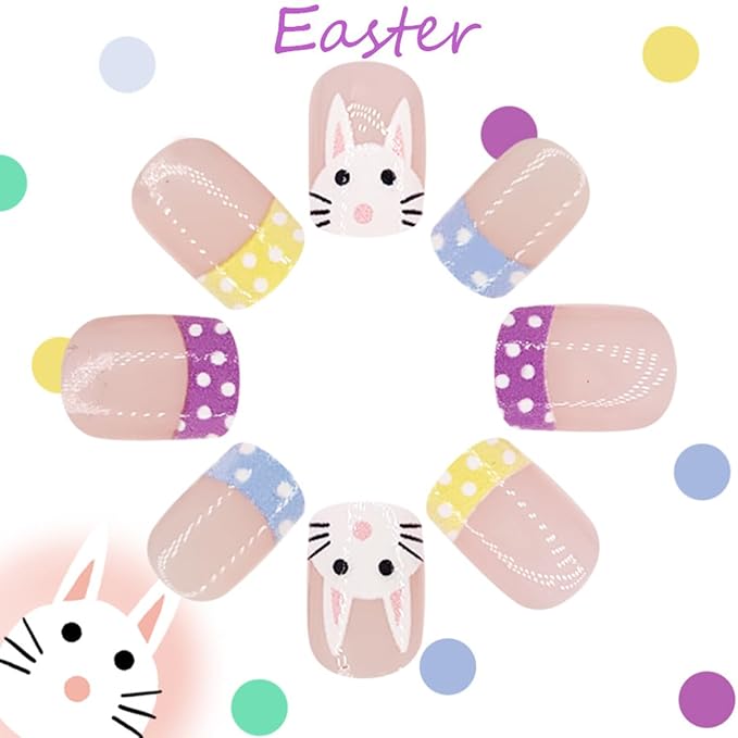 Easter Press on Nails Pastel French Tip Fake Nails Short Square Nails Press ons with Bunny Polka Dots Designs Full Cover Glue on Nail Artificial Stick on Nails for Women Manicure 24Pcs