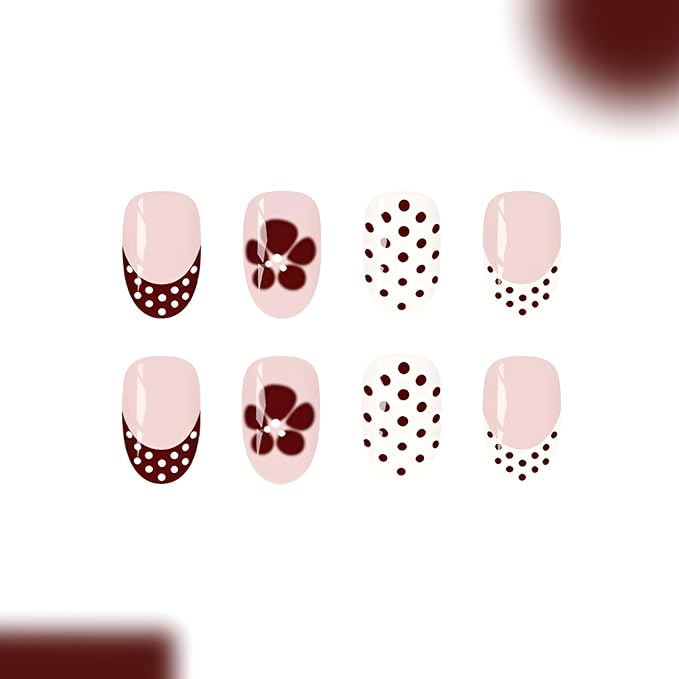 Polka Dot Fake Nails Short Almond Press on Nails French Tip Glue on Nail Flower False Nails Glossy Full Cover Nails Press Ons DIY Acrylic Stick on Nail for Women and Girls Decorations Set 24Pcs