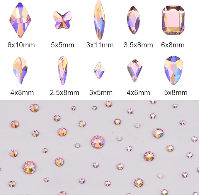 820pcs Crystal Pink AB Mix Shapes and Sizes Nail Art Rhinestones DIY Non Hotfix Flatback Glass Round Nail Stones Gems Set for Makeup Nail Crafts Tumblers Bulk Supply