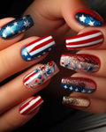 Independence Day Press on Nails Medium Square Fake Nails with Blue & Red Rhinestone Designs Glitter Stripe False Nails for Women Independence Glue on Nails Full Cover Stick on Nails 24Pcs