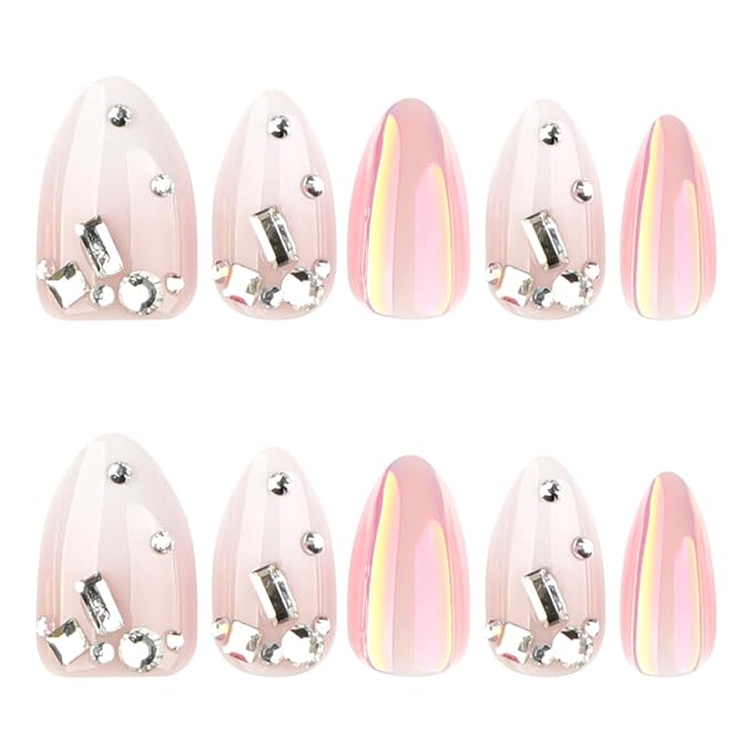 Almond Press on Nails - Short Fake Nails White Ombre Nails Press ons with Rhinestone Accents Design, Glossy Acrylic Nails Full Cover Artificial Glue On Nails for Women Manicure 24Pcs
