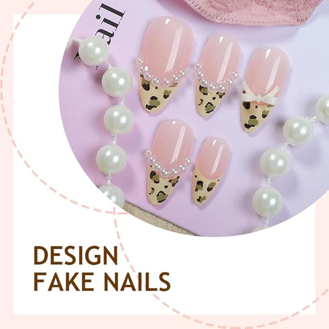 Press On Nails - Yellow Leopard Print Base with Pearl & Bow, Sharp Almond Shape Reusable Fake Nails (24pcs),Easy Application Manicure Set for Work, Party & Daily Use