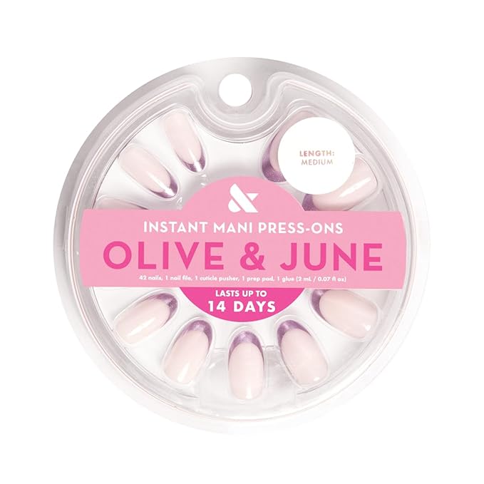 Olive & June Instant Mani Press-On Nails (Glue) | 42 Fake Nails, 21 Sizes | Non-Toxic, Long-Lasting Recycled Materials Realistic Look | Salon-Quality | Medium, Oval | Metallic French Lilac Shimmer