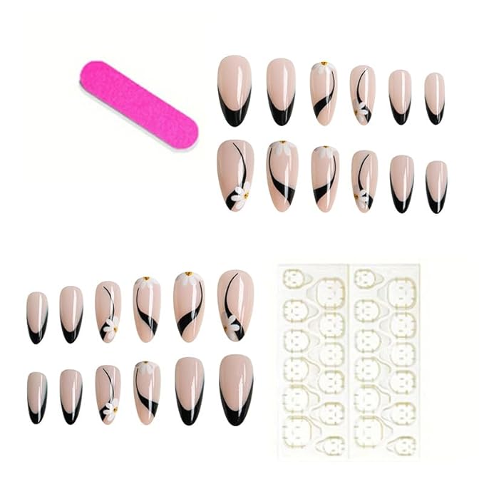 Black French Tip Press on Nails Medium Almond Fake Nails Full Cover False Nails White Daisy Flower Glue on Nails Glossy Acrylic Nail Black Line Stick on Nail for Women Girls 24Pcs