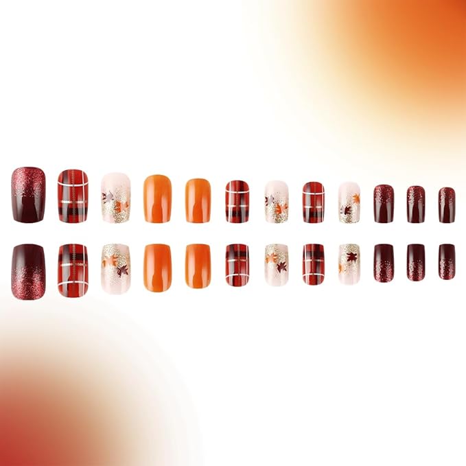 Fall Press On Nails Medium Square, Autumn Orange Wine Acrylic Press On Nails, Lattice Maple Leaf Glitter Designer Reusable Fake Nails, Glue On Nail Press Ons for Hallows' Day Women