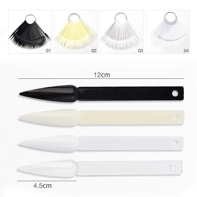 160 Pcs False Nail Sticks - Fan Shaped Swatch Sticks, Display Board, Transparent, Black, Natural, Milky Colors, Stiletto Tips