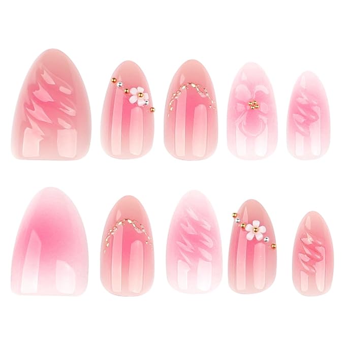 Almond Press on Nails - Short Pink Nails Spring False Nails Press ons with Flower & Gold Beads Design, Glossy Acrylic Full Cover Floral Stick on Nails for Women Manicure 24Pcs