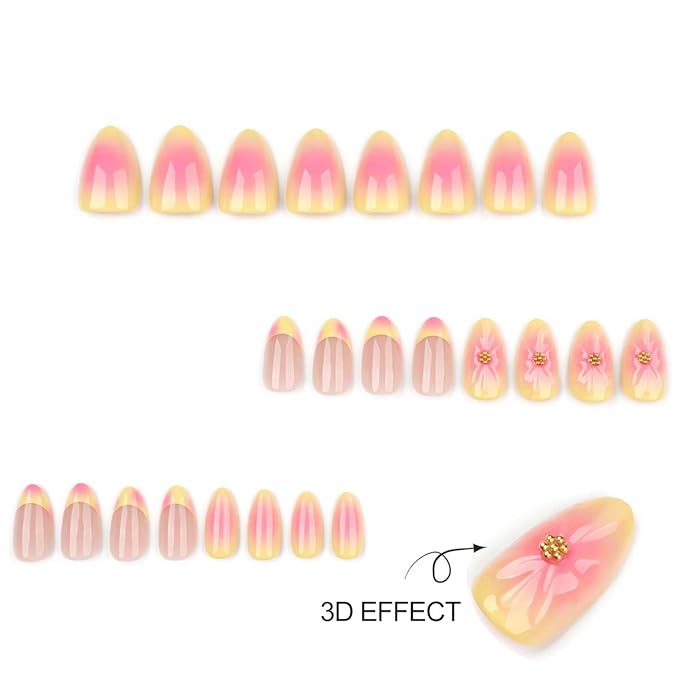 Summer Press on Nails Short Almond Fake Nails Cute Yellow Pink Nails Press ons with Flower Design Full Cover Stick on Nails for Women Manicure,Reusable | Nail Sticky Tabs | Easy Apply | 24Pcs