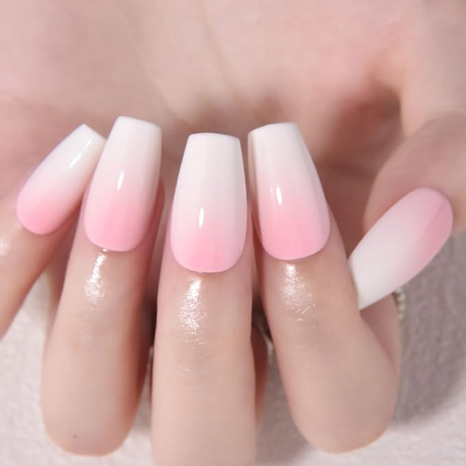 White Light Pink Ombre Press on Nails Coffin Acrylic Fake Nails Design, Natural Reusable Nails Kit for Women DIY False Nail Art Decoration Gift, Salon Quality Reusable 30 Pcs