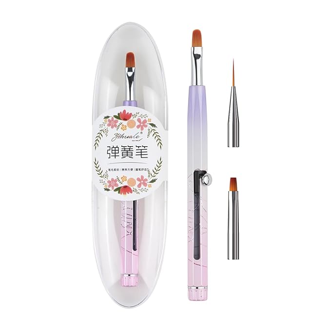 Nail Art Brushes Set, YIHUALE Push Contact Builder Nail Extension Gel Brush, Gel Polish Art Design Pen Painting Tools, Nail Art Liner Brush and Dotting Pen for Salon, DIY (Pink+purple, 1+2PCS)