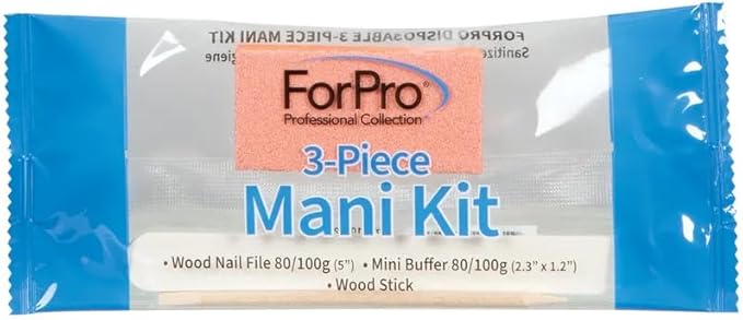 ForPro 3-Piece Mani Kit, 100-Count, Individually-Packed Manicure Set, White Wood Nail File 80/100 Grit, Orange Mini Buffer 80/100 Grit, Wood Stick