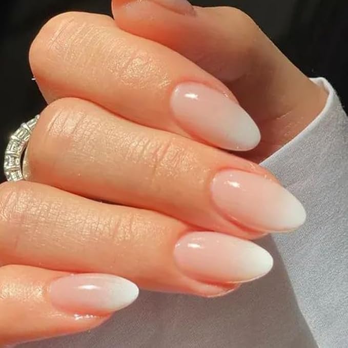 UNA GELLA Press On Nails Short Almond: Ombre Soft Gel Press Ons Kit with Nail Tips Glue on Nails, 16 Sizes - 32 Reusable Fake Nails, Pink Cream