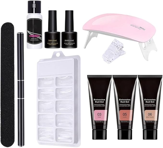 Gel Nail Kit, 11PCS Poly Nail Gel Kit Extension with UV Light Polish Starter All in One Suitable for Beginner DIY at Home (NO. 03)