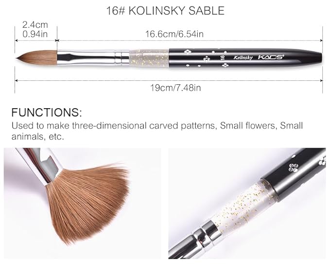 Size 16# Black 100% Kolinsky Sable Acrylic Nail Art Brushes UV Gel Nail Painting Pen Brushes (Size 16)
