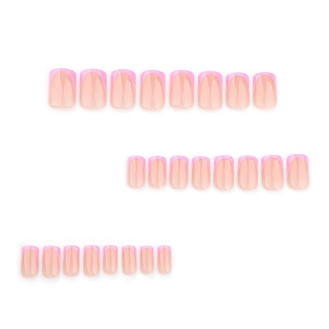 Press On Nails - Short French Tip Fake Nails, Purple & Pink, Acrylic, Glossy Glue, Full Cover, Artificial, 24PCs