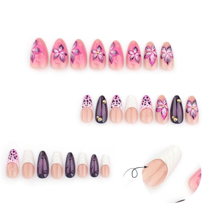 Handmade Press on Nails Medium Almond Fake Nails with Purple Flower Charm Design White French Tips False Nails Pearl Glue on Nails Glossy Full Cover Summer Stick on Nails for Women Manicure 24Pcs