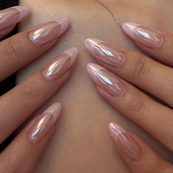French Tip Press on Nails - Pink Fake Nails Press ons - Almond Chrome False Nails - Medium Glue on Nails - Cute Acrylic Stick on Nail for Women Nail Manicure 24Pcs