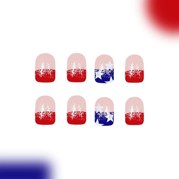 Independence Day Press on Nails Short Square False Nails with Red Blue French Tips Design Glossy Glitter Fake Nails White Star Artificial Nail 4th of July Acrylic Nail for Women Girls Manicure 24Pcs