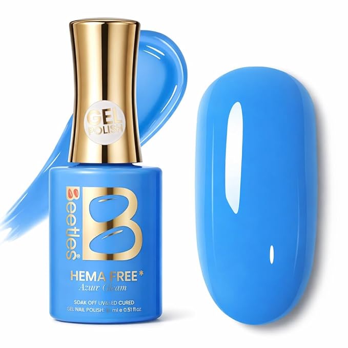 Beetles Blue Gel Nail Polish - Azure Gleam 15ML/0.51Fl Oz, Hema Free Bright Neon Blue Gel Polish, Same Color Same Bottle, Soak Off UV LED Lamp Spring Summer Nails Art, Manicure Salon DIY Neon Nails