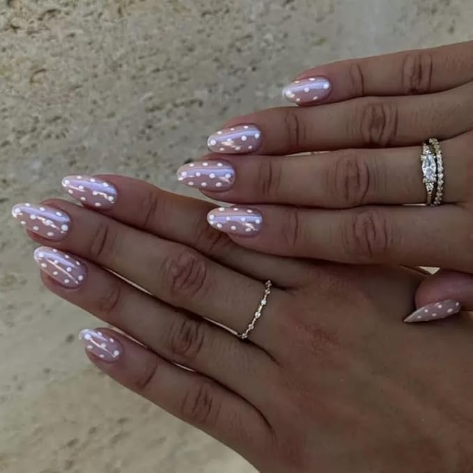 Short Press on Nails Almond - Chrome Pink Fake Nails with Polka Dot Design - Glossy Full Cover Stick on False Nails for Women 24 Pcs