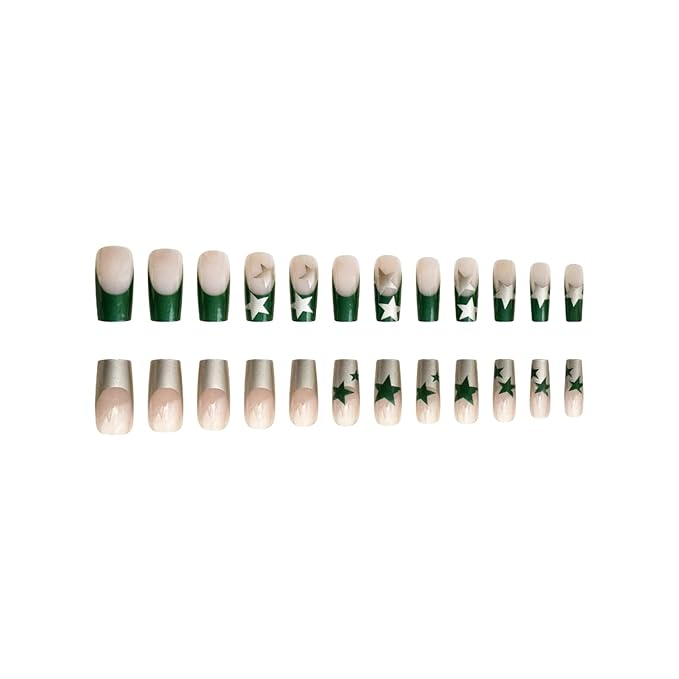 Press on Nails Long Square Sliver French Tip Fake Nails Glitter Full Cover False Nails with Green Stars Designs Glossy False Nails with Nail Glue Artificial Acrylic Nails for Women Girls 24 Pcs