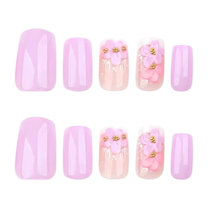 Press on Nails - Medium Square Fake Nails with Floral Design - Purple Full Cover Stick on False Nails - for Women 24 Pcs