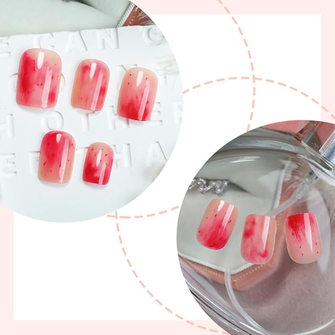 Press on Nails Square Short Fake Nails Press ons Nail Art Tips Artificial Acrylic Nail Set Full Cover False Nail with Red Apple Gradient Designs Stick on Nails for Women 24Pcs