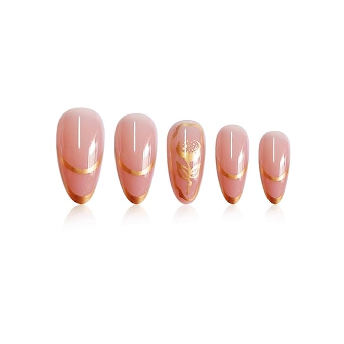 Short Press on Nails Almond Fake Nails French False Nails Gold Artificial Nails with Flowers Designs Stick on Nails for Women 24pcs