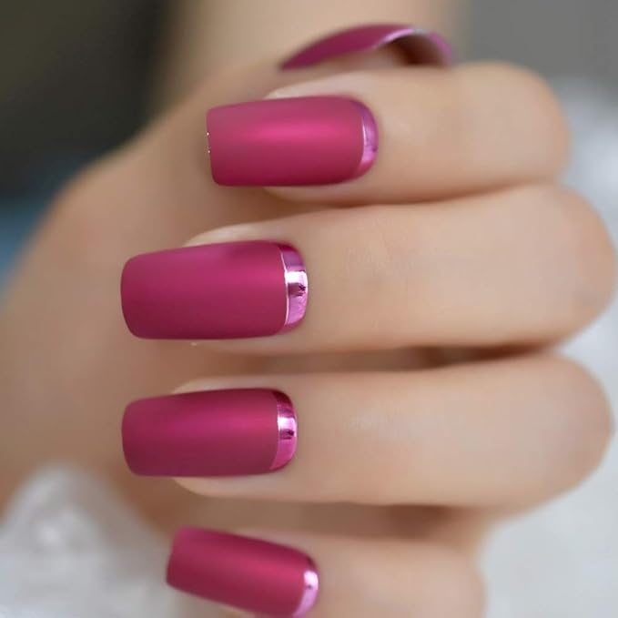 Slim Gorgeous Fake Nails Matte Rose Red with Metallic Moo Medium Size Frosted Artificial Acrylic Nail Art Tips
