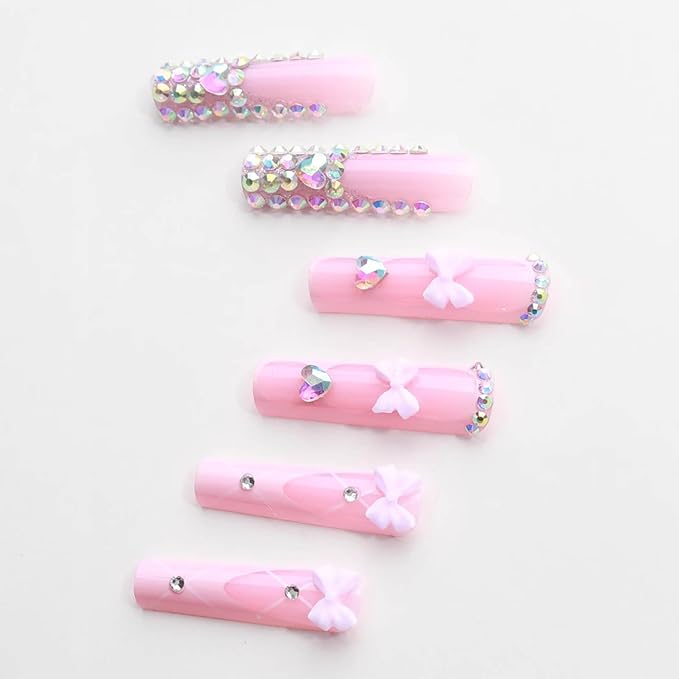 Long Square Press on Nails Pink French Tip Fake Nails Xl False Nails with Bow Rhinestones Designs Long Nails Press ons Sparkly Glue on Nail Full Cover Stick on Nail for Women 24Pcs