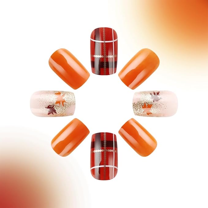 Fall Press On Nails Medium Square, Autumn Orange Wine Acrylic Press On Nails, Lattice Maple Leaf Glitter Designer Reusable Fake Nails, Glue On Nail Press Ons for Hallows' Day Women
