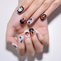 Halloween Press on Nails Petite Short Square with Horror Design, Extra Short Fake Nails Skull Face Pumpkin False Nail with Castle & Bat Designs, Full Cover Glossy Stick on Ghost Nail for Women Girls