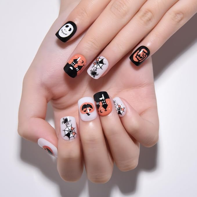 Halloween Press on Nails Petite Short Square with Horror Design, Extra Short Fake Nails Skull Face Pumpkin False Nail with Castle & Bat Designs, Full Cover Glossy Stick on Ghost Nail for Women Girls